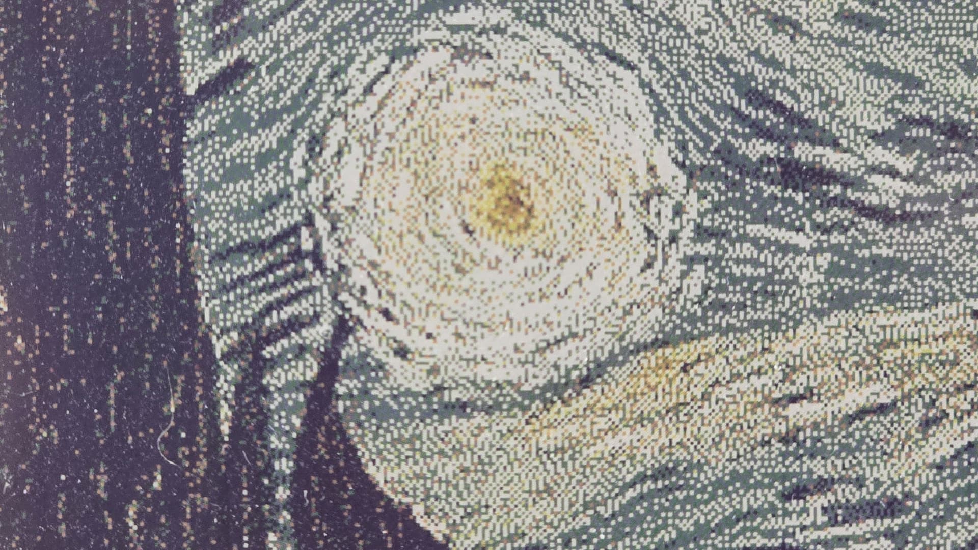 Macro shot of the dithered output on the physical panel, showing individual pigment grains
