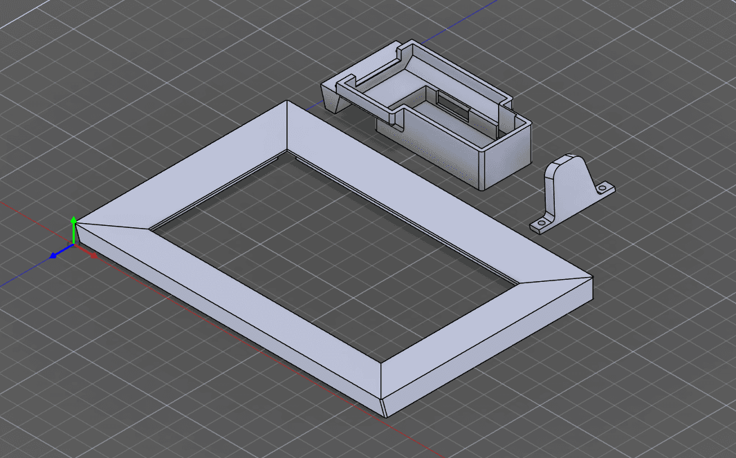 CAD assembly of the three printed parts: frame, electronics enclosure, and stand