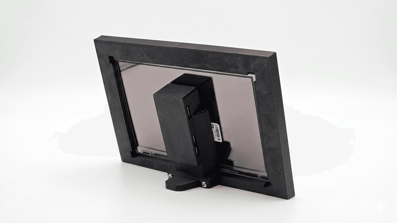 Detail of the assembly: washer recessed into the frame with the screws passing through the stand and enclosure